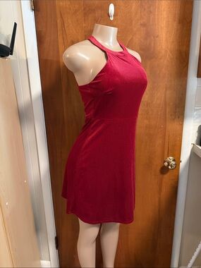 Spoiled Red Ribbed Halter Mini Dress with Subtle Shimmer